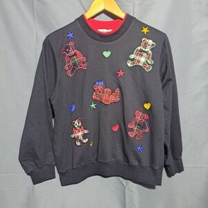 Alfred Dunner Women's MEDIUM Petite Embroidered Plaid Teddy Bear‎ Crewneck